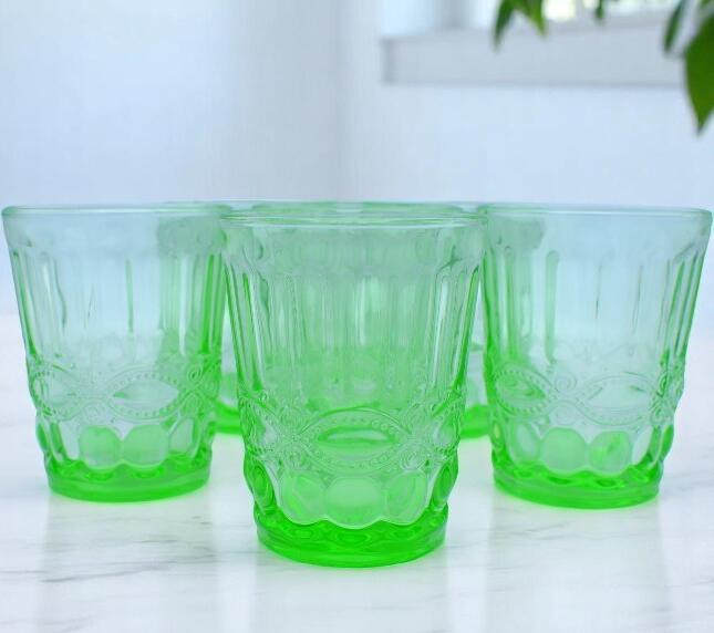 Set of 6 YKWHIS-1 Green Glassware Glasses, 260ml Capacity, Textured Embossed Design, Glass Material