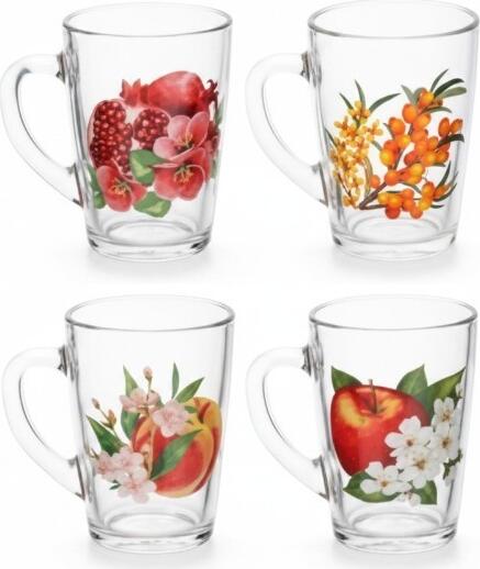 Set de 3 cani de sticla 350ml cu motive fructe, set de vesela de sticla alb pentru casa si gradina