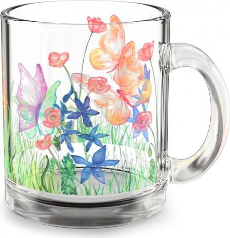 Set of 3 Glass Mugs 350ml with Colorful Flowers and Butterflies Print