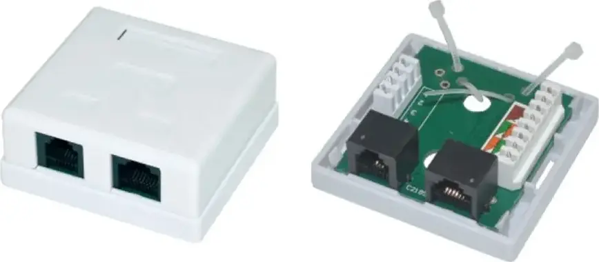 Cutie de Suprafata APC Electronic APC630013 cu 2 Porturi UTP Cat.5e PCB Jack, 1x RJ45 Ethernet si 1x RJ11 Telefonie, Plastic Alb