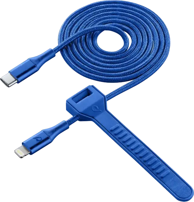Cellularline Satellite MFI USB-C to Lightning Charging and Sync Braided Cable, 1m, Blue, MFi Certified with Integrated Cable Organizer Strap