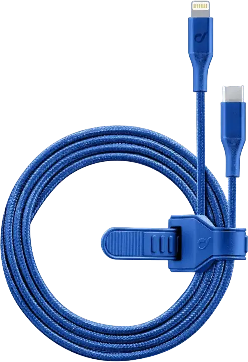 Cellularline Satellite MFI USB-C to Lightning Charging and Sync Braided Cable, 1m, Blue, MFi Certified with Integrated Cable Organizer Strap