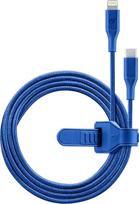 Cellularline Satellite MFI USB-C to Lightning Charging and Sync Braided Cable, 1m, Blue, MFi Certified with Integrated Cable Organizer Strap
