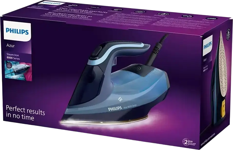 Fier de calcat cu abur Philips Azur Seria 8000 DST8020/20, 3000W, Talpa Metaloceramică, Jet Abur 240g/min, Anti-calc, Oprire Automată, Albastru