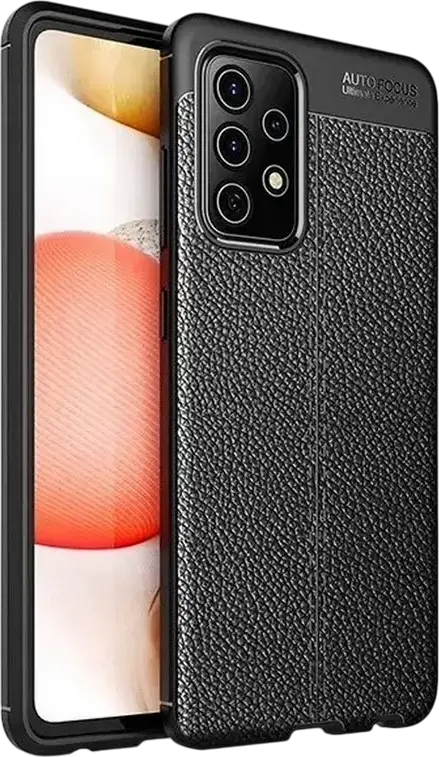 Samsung Galaxy A13 Protective Case, Artificial Leather Texture with Auto Focus Inscription, Shockproof Reinforced Corners, Black
