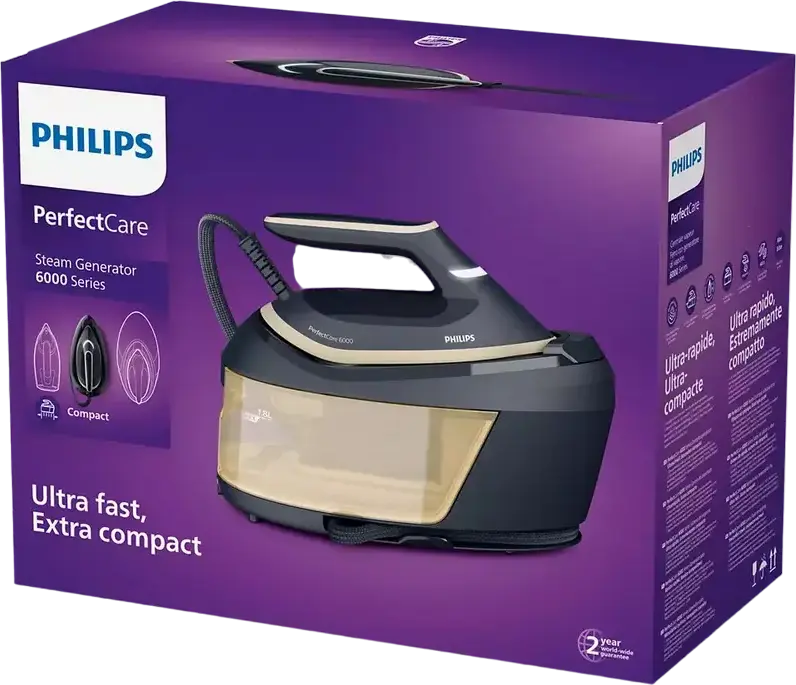 Generator de aburi Philips PerfectCare 6000 PSG6066/20, 2400W, Presiune 8 bar, Jet Abur 600g, OptimalTEMP, Talpa SteamGlide Advanced, Albastru Auriu