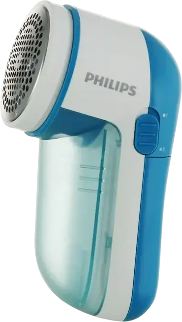 Philips Aparat de curatat scame GC026/00, Alb Albastru, Suprafata lama mare, 3 dimensiuni gauri plasa, Capac reglabil, Include 2 baterii AA si perie