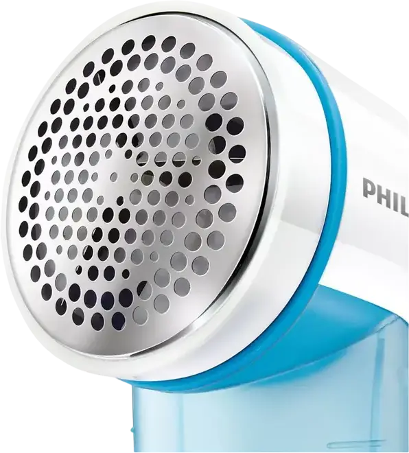Philips Aparat de curatat scame GC026/00, Alb Albastru, Suprafata lama mare, 3 dimensiuni gauri plasa, Capac reglabil, Include 2 baterii AA si perie