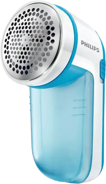 Philips Aparat de curatat scame GC026/00, Alb Albastru, Suprafata lama mare, 3 dimensiuni gauri plasa, Capac reglabil, Include 2 baterii AA si perie