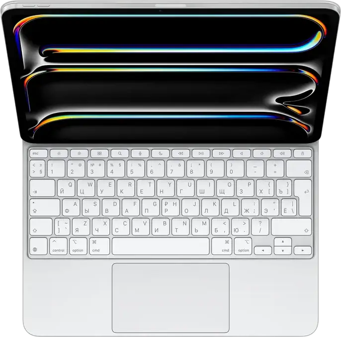 Tastatura Apple Magic Keyboard pentru iPad Pro 13 inch (M4) MWR43RS/A, Taste Iluminate, Trackpad din Sticla cu Feedback Haptic, Incarcare USB-C, Aluminiu