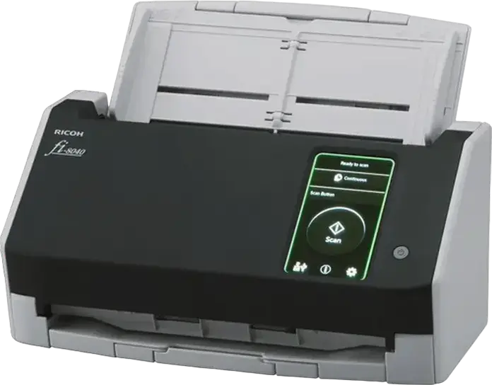 Ricoh fi-8040 Duplex Document Scanner with ADF, 40 ppm/80 ipm, 600 dpi, 4.3" Touchscreen, USB 3.2 and Ethernet, Black/Light Grey