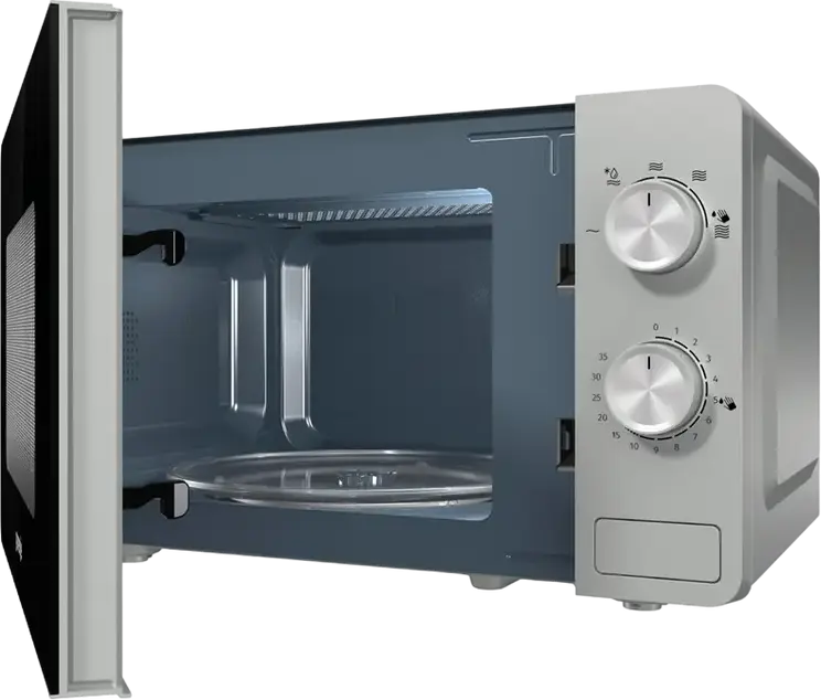 Cuptor cu Microunde Gorenje MO 20 E1S Independent, Capacitate 20L, Putere 800W, 5 Nivele de Putere, Control Mecanic, Interior Email, Argintiu si Negru