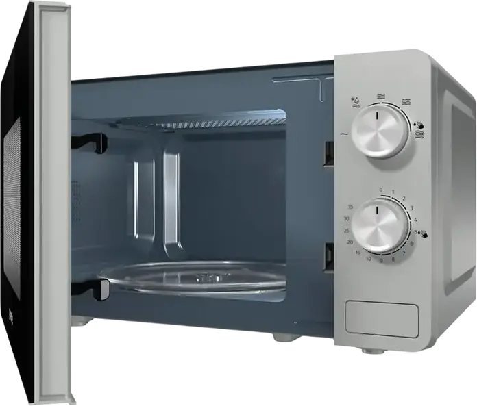 Cuptor cu Microunde Gorenje MO 20 E1S Independent, Capacitate 20L, Putere 800W, 5 Nivele de Putere, Control Mecanic, Interior Email, Argintiu si Negru