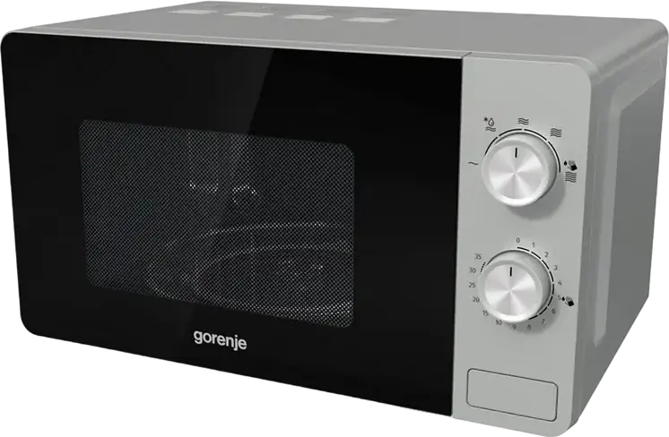 Cuptor cu Microunde Gorenje MO 20 E1S Independent, Capacitate 20L, Putere 800W, 5 Nivele de Putere, Control Mecanic, Interior Email, Argintiu si Negru