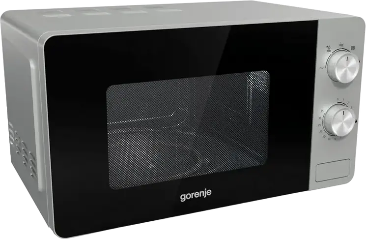 Cuptor cu Microunde Gorenje MO 20 E1S Independent, Capacitate 20L, Putere 800W, 5 Nivele de Putere, Control Mecanic, Interior Email, Argintiu si Negru