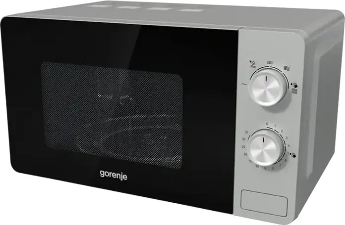 Cuptor cu Microunde Gorenje MO 20 E1S Independent, Capacitate 20L, Putere 800W, 5 Nivele de Putere, Control Mecanic, Interior Email, Argintiu si Negru