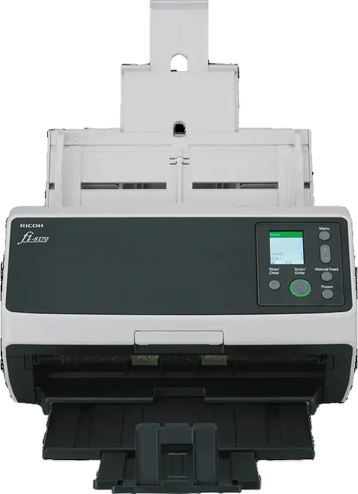 Scanner de documente duplex Ricoh fi-8170 cu ADF de 100 foi, viteza 70 ppm / 140 ipm, rezolutie optica 600 dpi, USB 3.2 si Ethernet, Negru