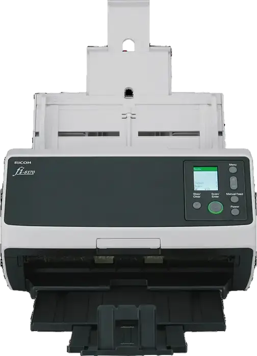Scanner de documente duplex Ricoh fi-8170 cu ADF de 100 foi, viteza 70 ppm / 140 ipm, rezolutie optica 600 dpi, USB 3.2 si Ethernet, Negru