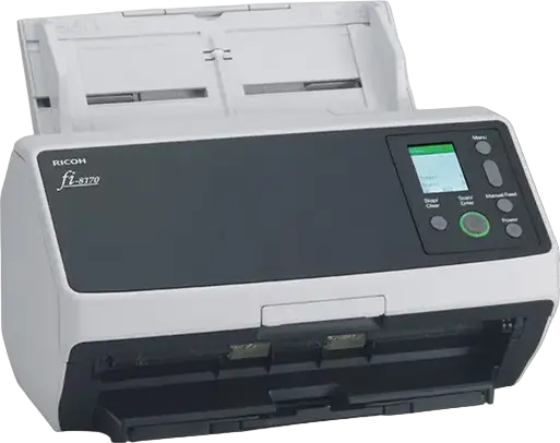 Scanner de documente duplex Ricoh fi-8170 cu ADF de 100 foi, viteza 70 ppm / 140 ipm, rezolutie optica 600 dpi, USB 3.2 si Ethernet, Negru