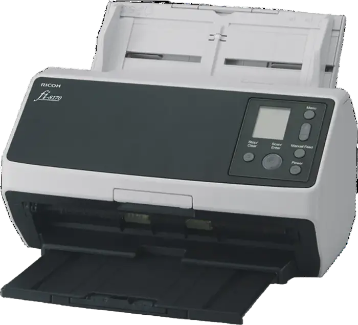 Scanner de documente duplex Ricoh fi-8170 cu ADF de 100 foi, viteza 70 ppm / 140 ipm, rezolutie optica 600 dpi, USB 3.2 si Ethernet, Negru