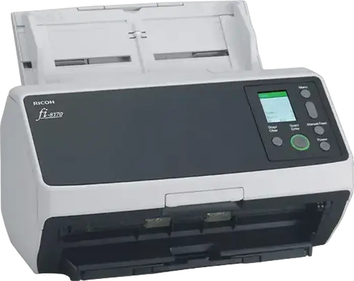 Scanner de documente duplex Ricoh fi-8170 cu ADF de 100 foi, viteza 70 ppm / 140 ipm, rezolutie optica 600 dpi, USB 3.2 si Ethernet, Negru