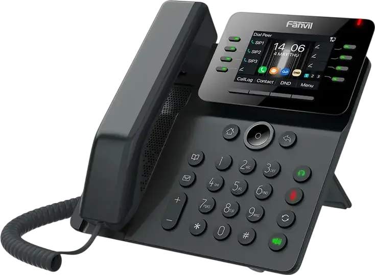 Telefon IP Fanvil V63, 6 linii SIP, ecran LCD color de 2.8 inch, porturi Ethernet duale 10/100/1000 Mbps, PoE, suport VPN, Set de 4 piese