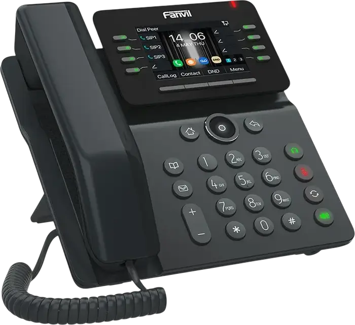 Telefon IP Fanvil V63, 6 linii SIP, ecran LCD color de 2.8 inch, porturi Ethernet duale 10/100/1000 Mbps, PoE, suport VPN, Set de 4 piese