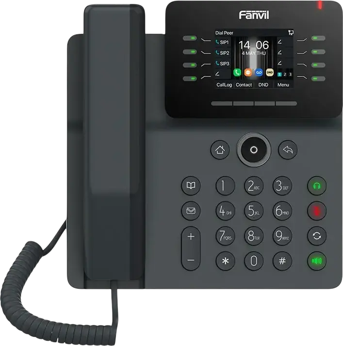 Telefon IP Fanvil V63, 6 linii SIP, ecran LCD color de 2.8 inch, porturi Ethernet duale 10/100/1000 Mbps, PoE, suport VPN, Set de 4 piese