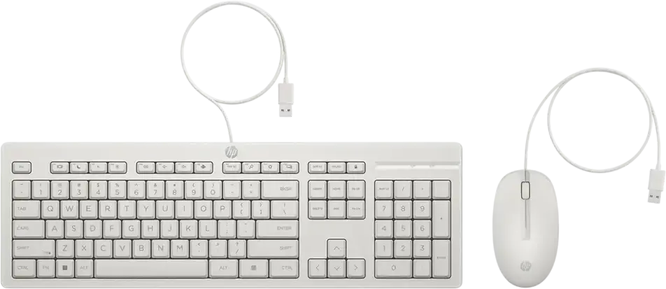 Set de 2 piese Tastatura si Mouse cu fir HP 225 G2, Interfata USB, Mouse Optic 1000 dpi Ambidextru, Tastatura cu Membrana Multimedia, Alb