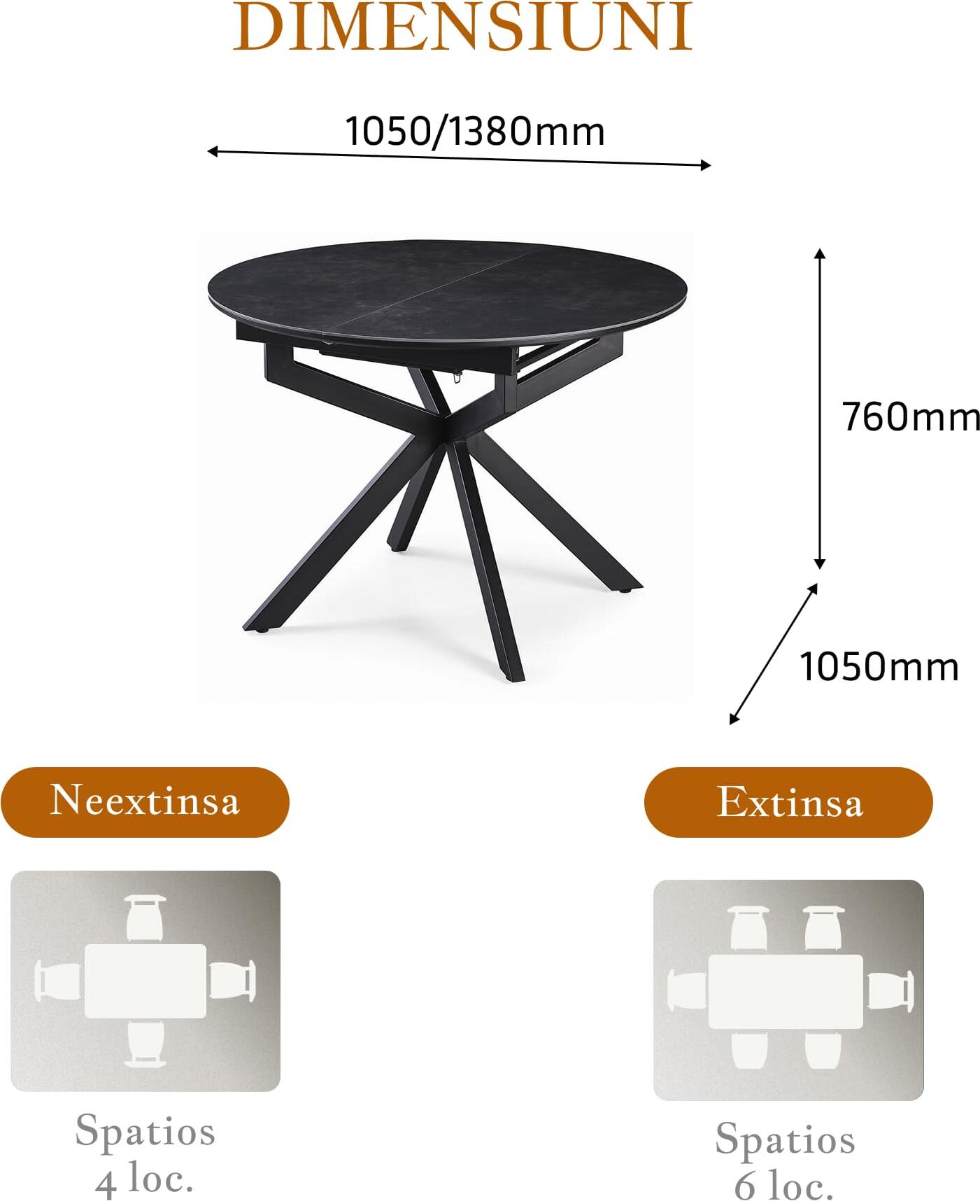 Interdepo TASK Extendable Round Kitchen Dining Table, 6mm Ceramic and MDF Top, Cross-Leg Base, 1050mm Width, 760mm Height, Dark Grey