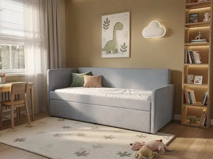 Interdepo LEO 90 Children's Bed with Pull-out Trundle, 90x200 cm, Laminated Particle Board and Fabric Upholstery, Orthopedic Wood Slats, Grey
