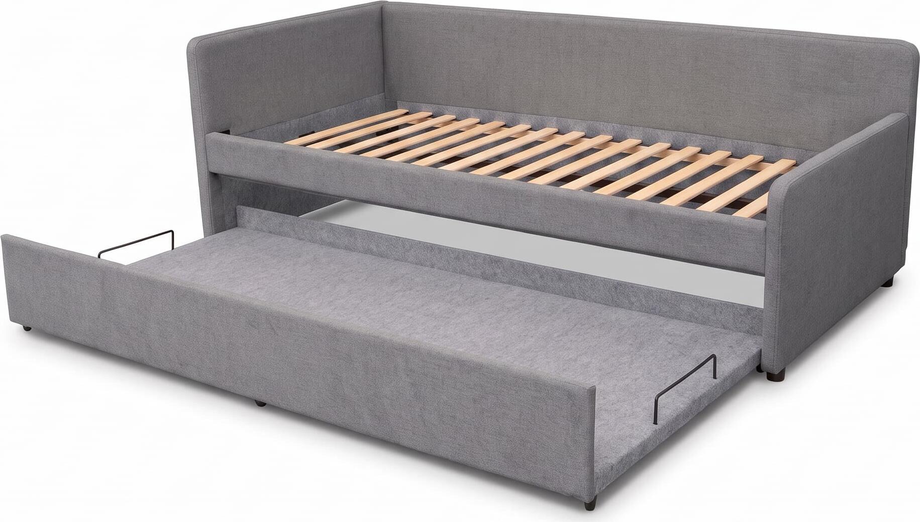Interdepo LEO 90 Children's Bed with Pull-out Trundle, 90x200 cm, Laminated Particle Board and Fabric Upholstery, Orthopedic Wood Slats, Grey