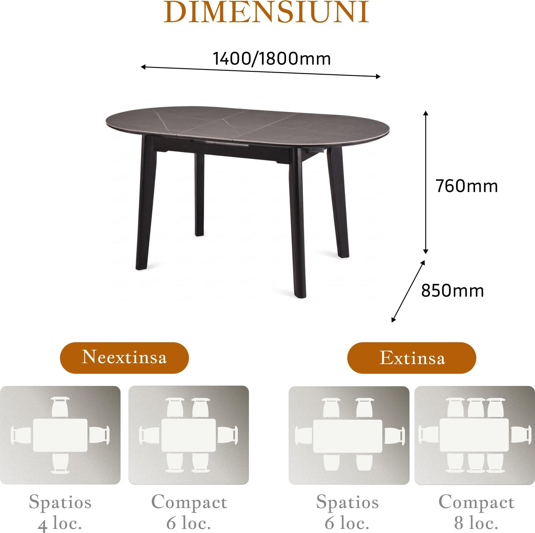 Interdepo ARES Extendable Oval Dining Table, Grey Ceramic Top 6mm, Black MDF Frame, 140-180 cm Length x 85 cm Width x 76 cm Height
