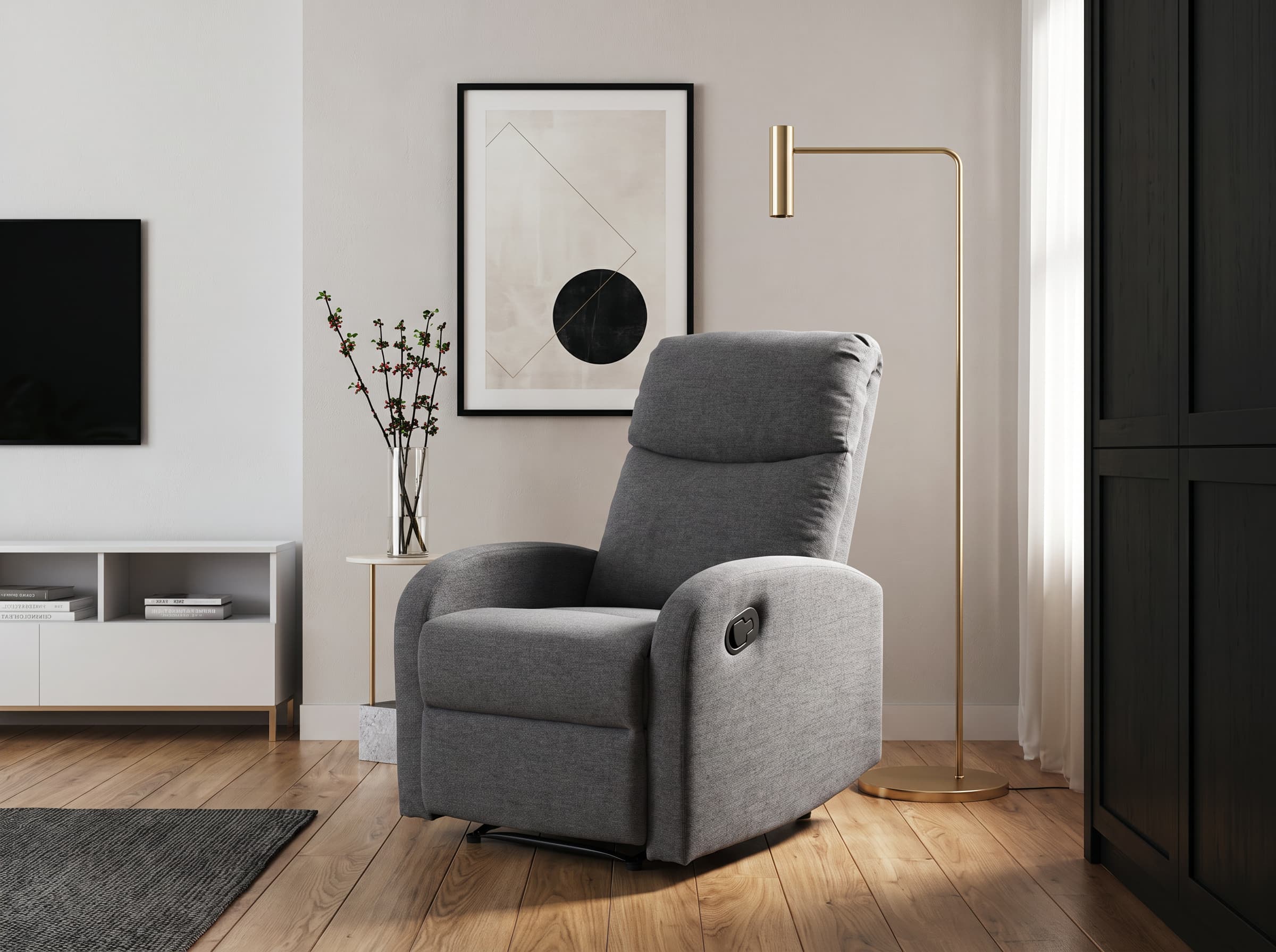 Interdepo VETIVER Reclining Armchair, Manual Mechanical Lever, Spring Block and S-Springs, Burlap Fabric, Grey, 720x990x970 mm
