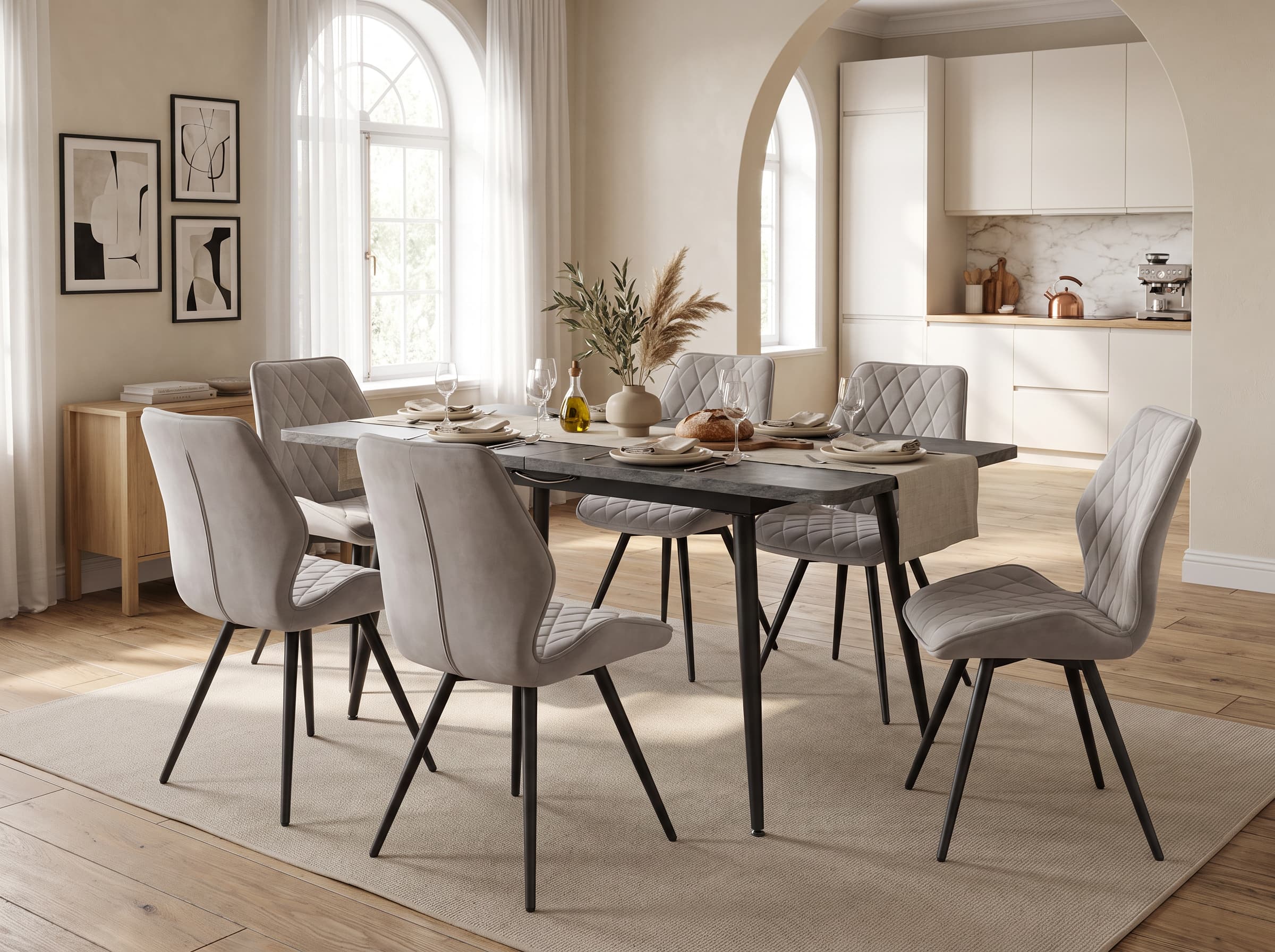 Scaun Dining Modern Interdepo Alice, Cusaturi Elegante in Forma de Diamant, Tapiterie Moale Anatomica, Cadru Metalic, 500x610x890 mm