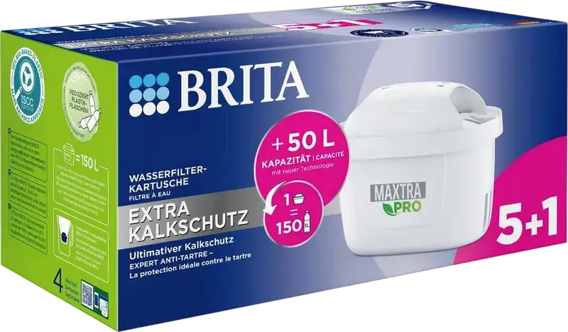Brita Maxtra Pro Limescale Expert Water Filter Cartridges for Brita filter jugs and the Flow dispenser, 4-Stage Filtration, Bio-based Plastic, Set of 6
