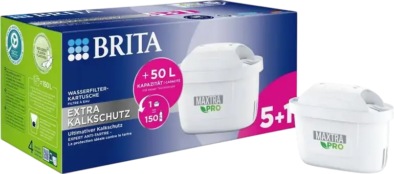 Brita Maxtra Pro Limescale Expert Water Filter Cartridges for Brita filter jugs and the Flow dispenser, 4-Stage Filtration, Bio-based Plastic, Set of 6