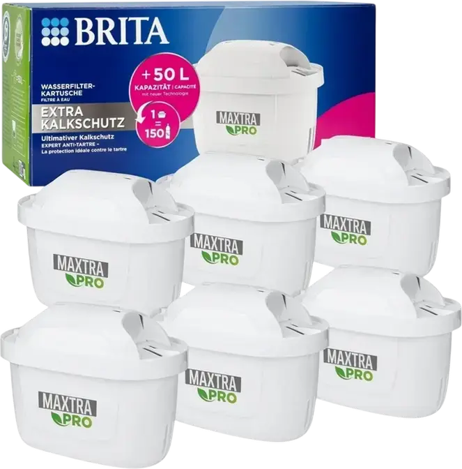 Brita Maxtra Pro Limescale Expert Water Filter Cartridges for Brita filter jugs and the Flow dispenser, 4-Stage Filtration, Bio-based Plastic, Set of 6