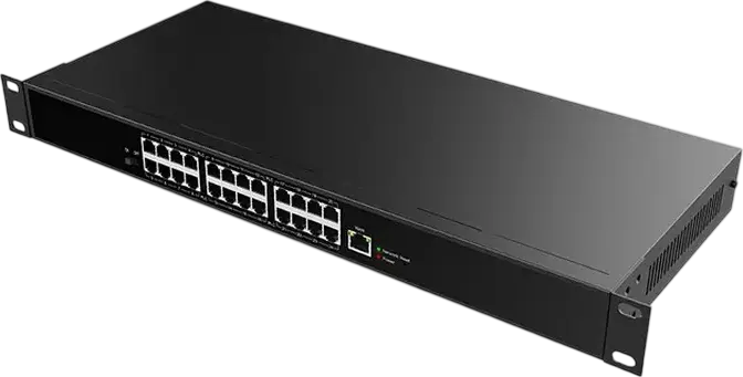 PoE-коммутатор Fanvil PN24 для 2-проводных устройств, 24 PoE-порта, Uplink 10/100 Мбит/с, дистанция передачи до 300 м, металлический корпус, черный