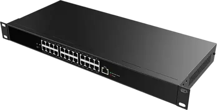 PoE-коммутатор Fanvil PN24 для 2-проводных устройств, 24 PoE-порта, Uplink 10/100 Мбит/с, дистанция передачи до 300 м, металлический корпус, черный