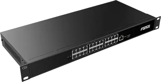 PoE-коммутатор Fanvil PN24 для 2-проводных устройств, 24 PoE-порта, Uplink 10/100 Мбит/с, дистанция передачи до 300 м, металлический корпус, черный