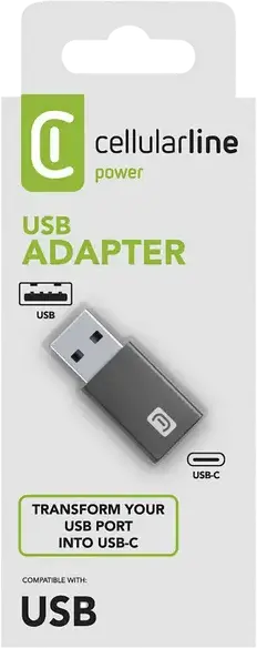 Cellularline USB-A Male to USB-C Female Adapter USBCADAPTERTOUSBK, USB Interface Converter, Black