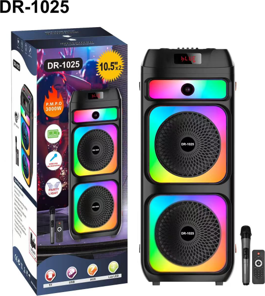 Boxă Portabilă de Petrecere Boombox DR-1025, 3000W P.M.P.O, Difuzoare Duale de 10.5 inch, Bluetooth, USB, TF, AUX, Lumini RGB, Impermeabilă, cu Microfon Wireless și Telecomandă