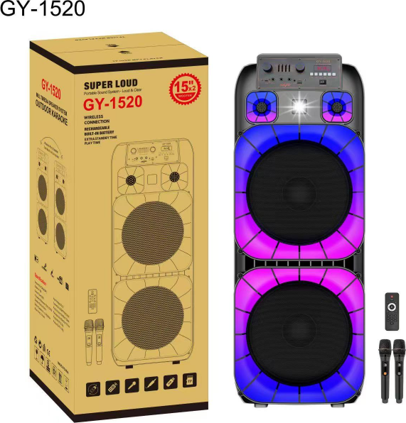 Sistem audio portabil GY-1520 Speaker Party cu duble woofere de 15 inch, conectivitate wireless, iluminare LED, baterie reincarcabila, set de 2 microfoane wireless si telecomanda