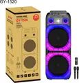 Sistem audio portabil GY-1520 Speaker Party cu duble woofere de 15 inch, conectivitate wireless, iluminare LED, baterie reincarcabila, set de 2 microfoane wireless si telecomanda