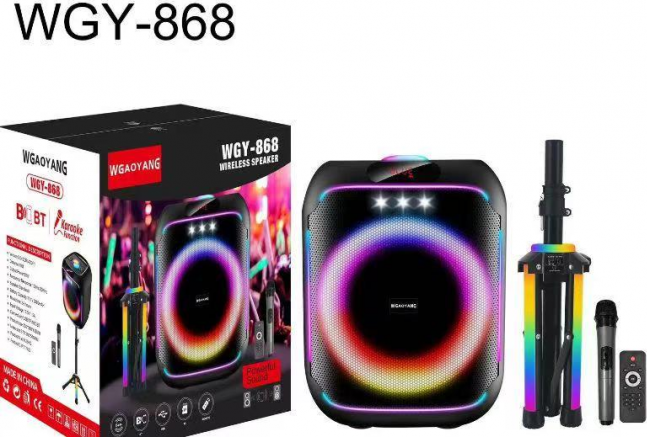 Set de 4 piese Boxă Party Wireless WGAOYANG WGY-868 cu Stativ Tripod, Microfon Wireless, Telecomandă, Bluetooth 5.3, TWS, Lumini RGB LED, Super Bass