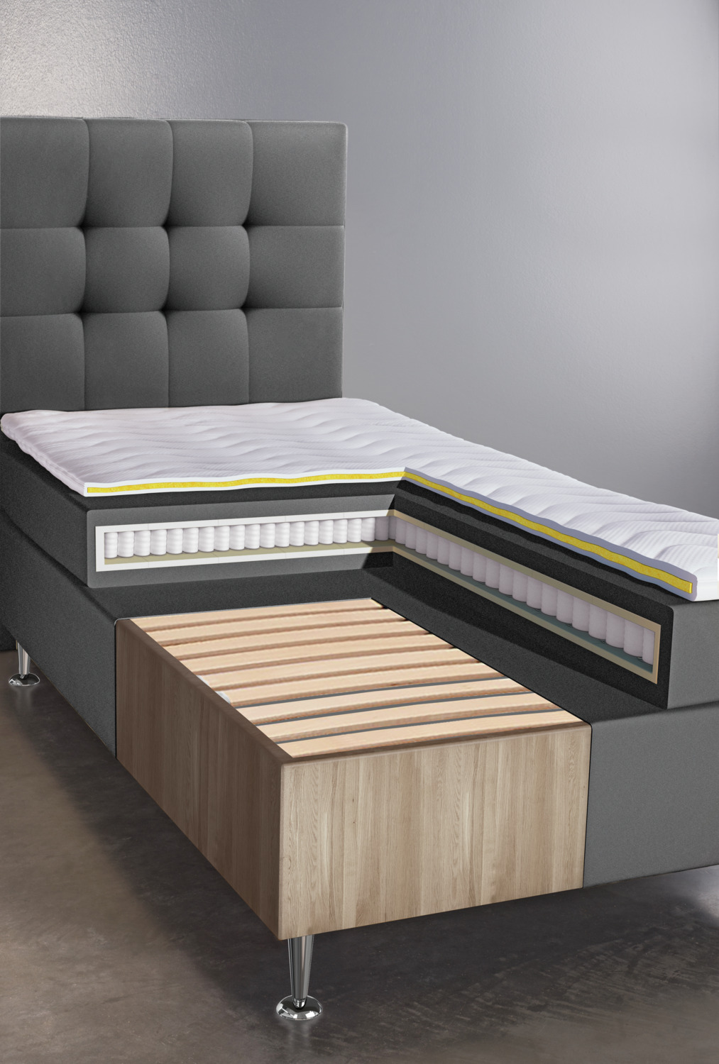 Pat Hotel VEGA Standard Velour Set Complet Box Spring cu Tablie Chesterfield, Saltea cu Arcuri de Buzunar 5 Zone, Topper din Spuma, 200x200x58 cm