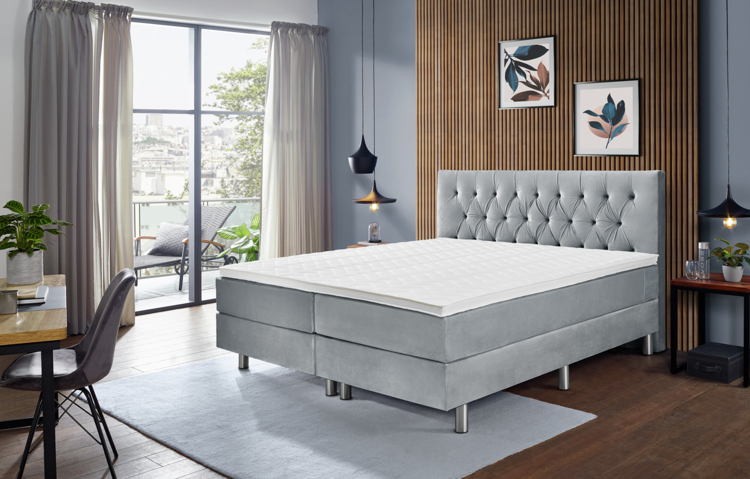 Pat Hotel VEGA Standard Velour Set Complet Box Spring cu Tablie Chesterfield, Saltea cu Arcuri de Buzunar 5 Zone, Topper din Spuma, 200x200x58 cm