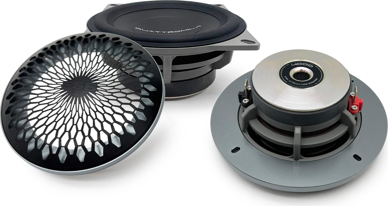 Set de 2 Difuzoare Midrange ESB 4.100, 4" 100mm 4 Ohm 100W cu Magnet de Neodimiu și Grile din Oțel Inoxidabil, Seria 4000