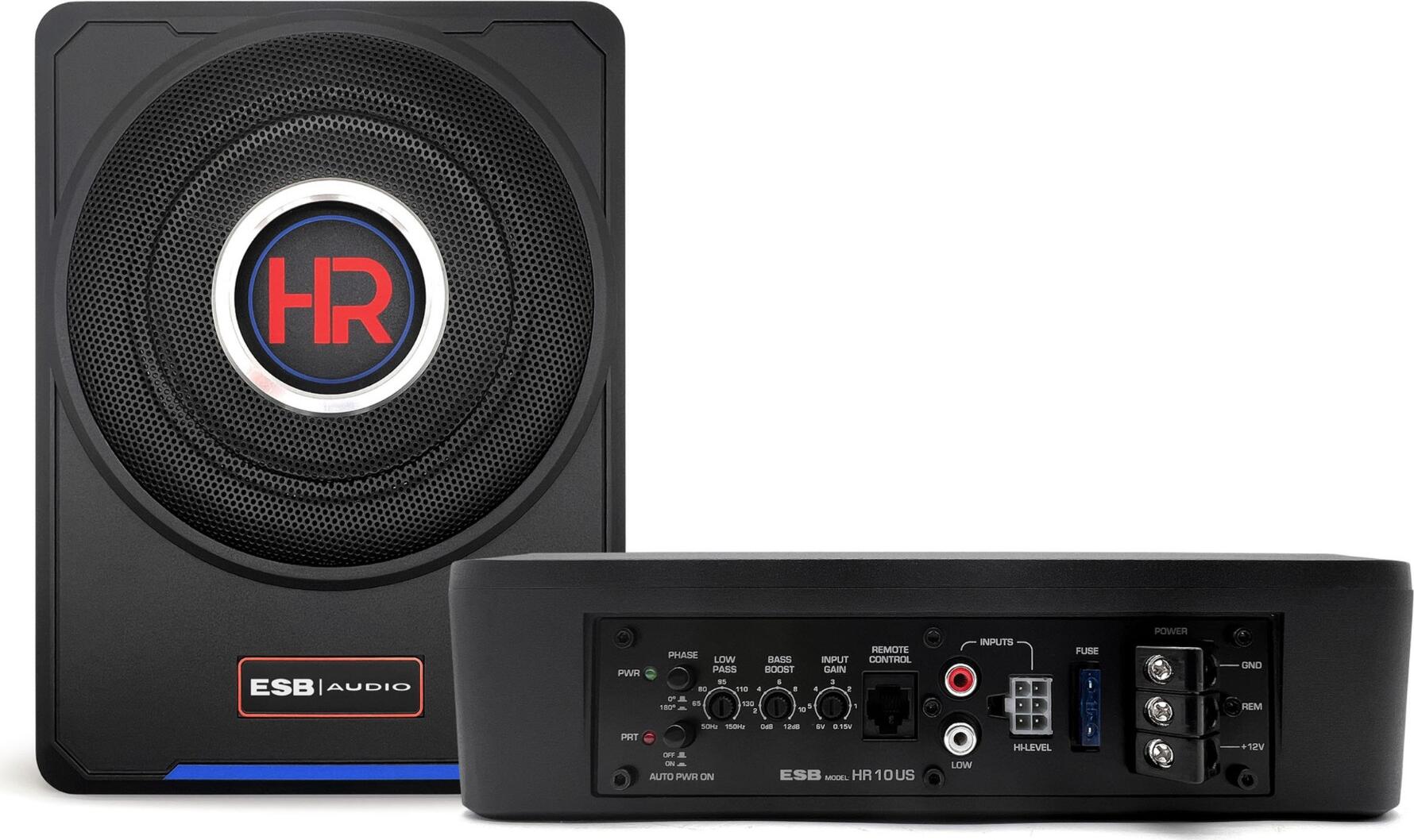 ESB HR 10 US Active Underseat Car Subwoofer, 10 inch 250mm Driver, 130W RMS 260W Max, Class AB Amplifier, Aluminum Housing, Low/High Level Inputs